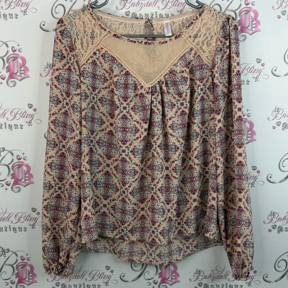 Xhilaration long sleeve gold keyhole, lace, Beige and Blue Patterned Blouse